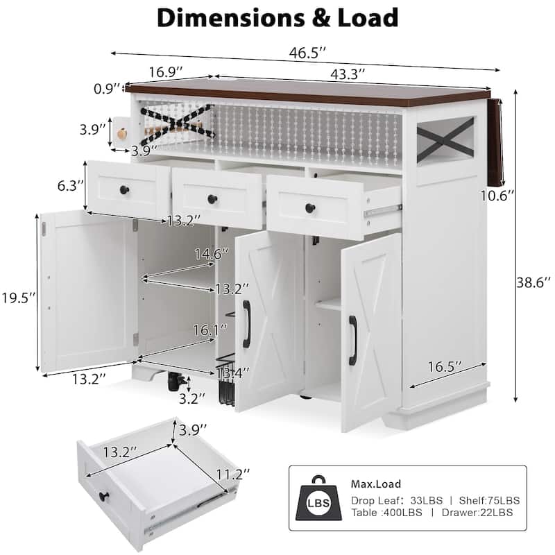 46.5''Farmhouse Kitchen Island with Drape of Beads, Power Outlet,Rolling Kitchen cart on Wheels with Drop Leaf,3 Doors,3 Drawers
