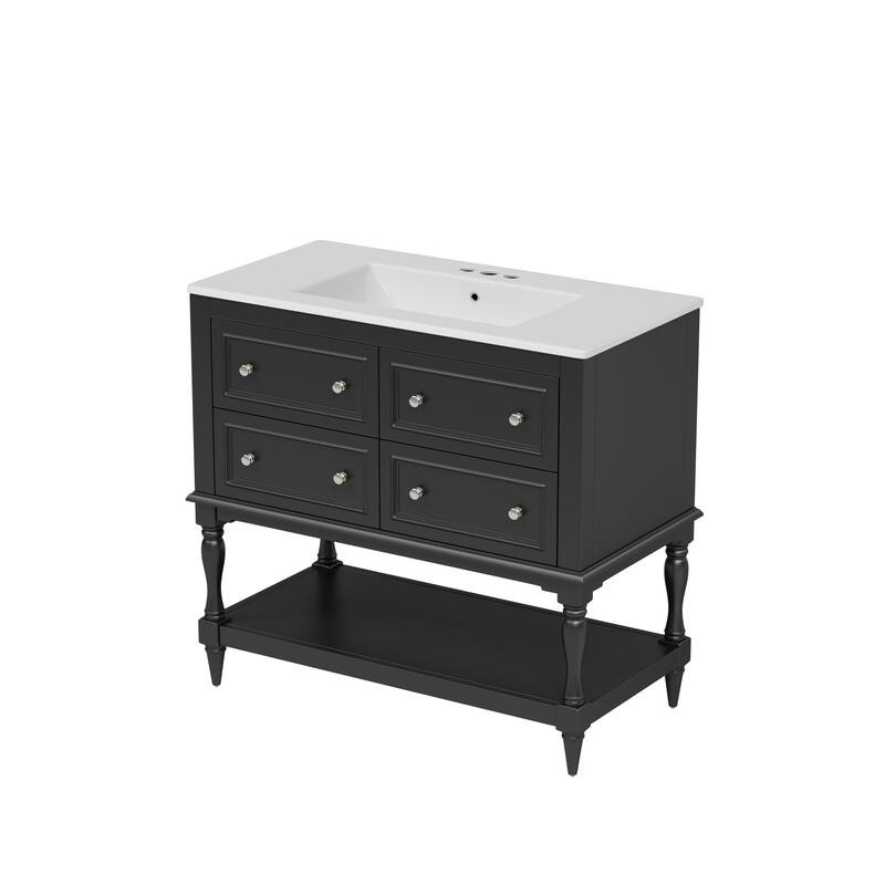 Bathroom Vanity with Ceramic Sink, Solid Wood Vanity Set with 4 Drawers, Bathroom Storage Cabinet with Open Shelf