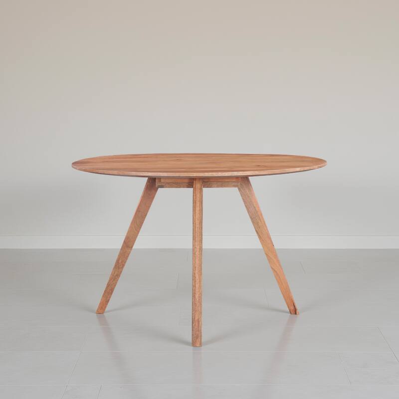 Temi Dining Table 47" Round Top Handmade Natural Brown Mango Wood Angled Four Legged Base