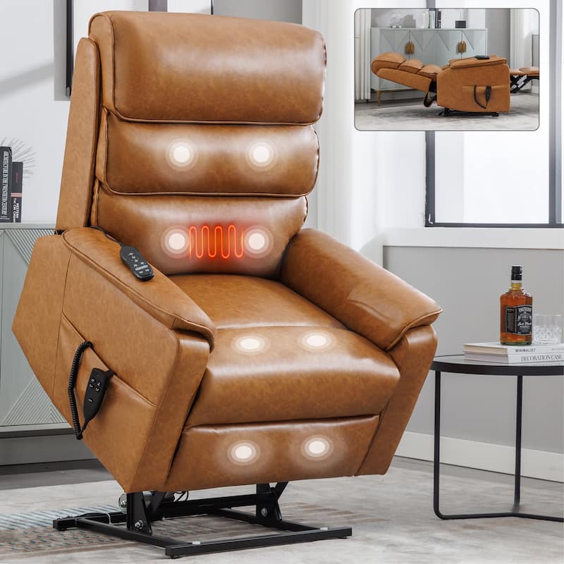Power Lift Recliner Chair,Dual Infinite Position, Heat Massage, Remote - Yellow Brown - Faux Leather