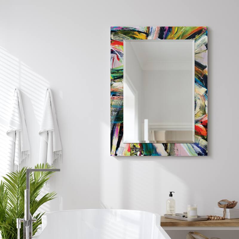 Abstract Rectangular Beveled Wall Mirror, Leaner,Large Mirror, Bathroom Mirror,Cheval Mirror,Ready to Hang - 40" x 30" Red/Multi