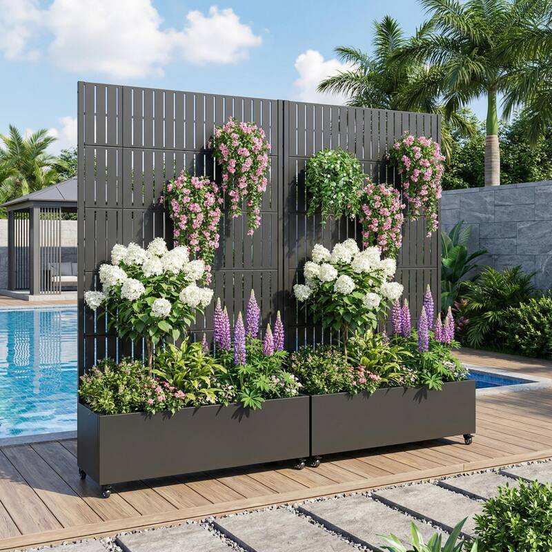 Outdoor Metal Planter Box Raised Garden Beds with Trellis (Set of 2)