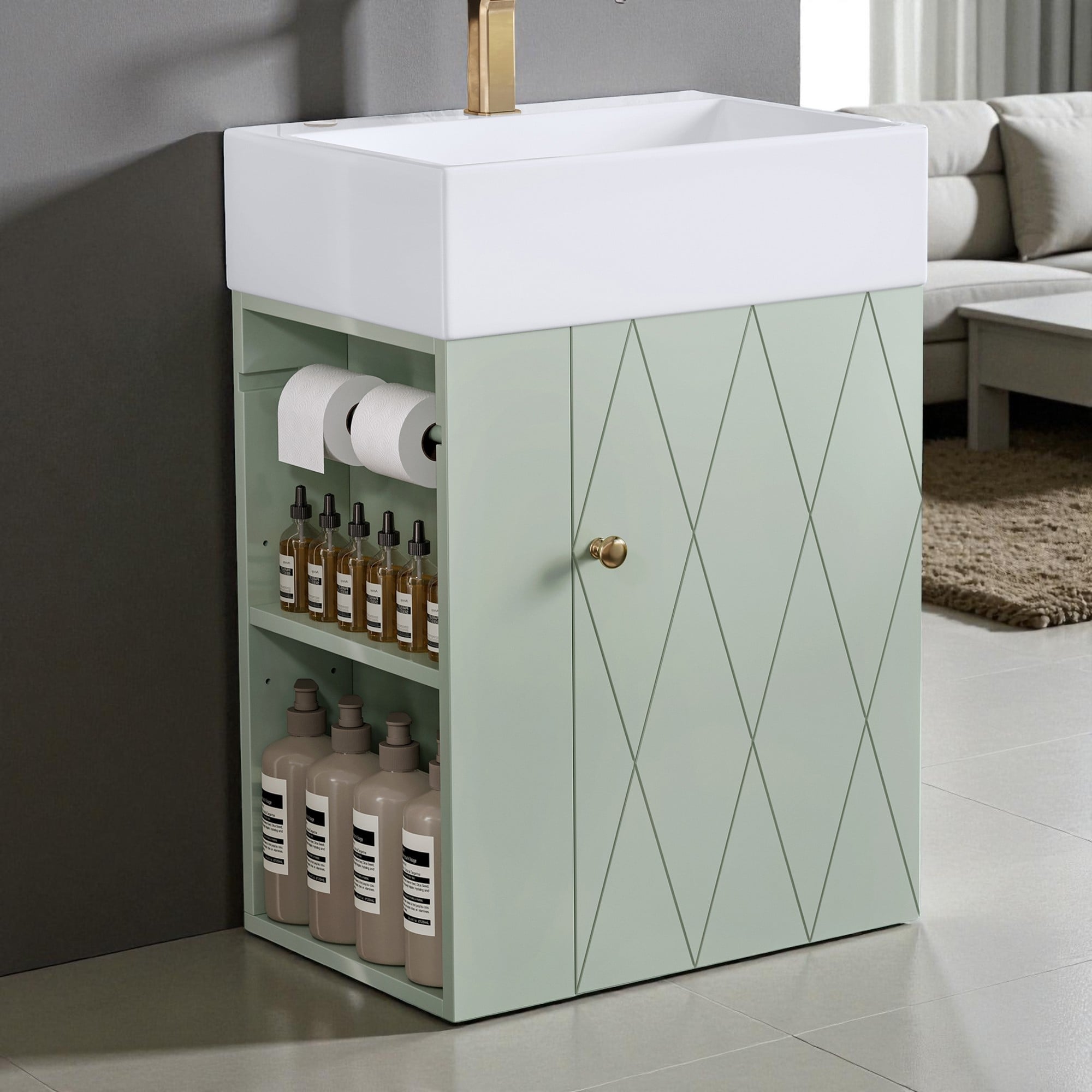 20-Inch Wall-Mounted Bathroom Vanity with Ceramic Sink, Diamond Door Design, Gold Handle, Side Shelves, and Towel Bar