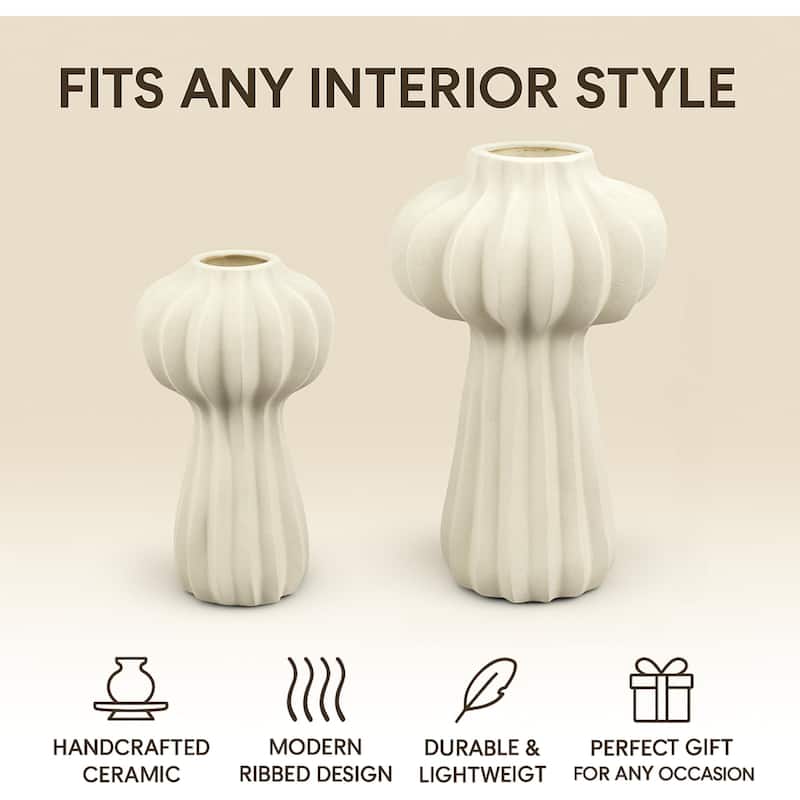 Aria Home White Cactus Inspired Ceramic Vase Set of 2 for Modern Decor