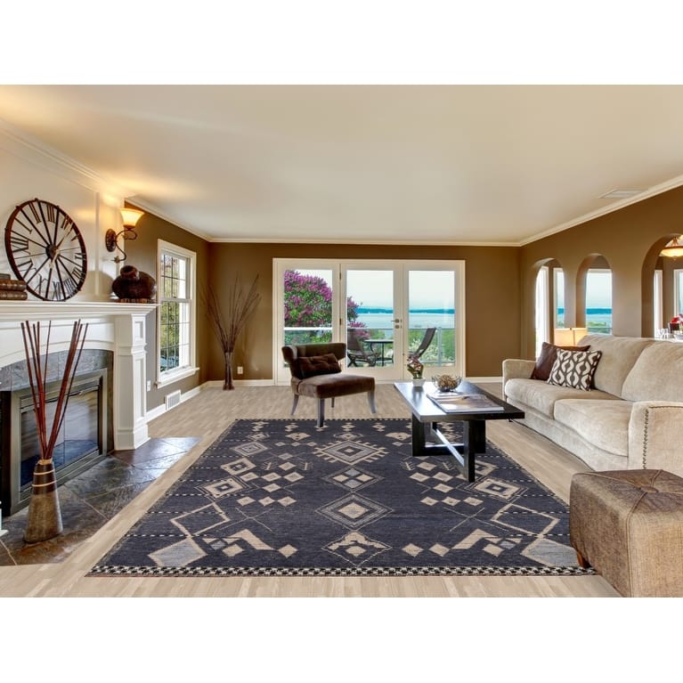 Geometric Blue Moroccan Oriental Area Rug Hand-Knotted Wool Carpet - 7'9" x 12'9"