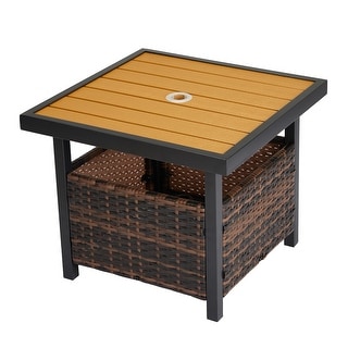 Square PE Rattan Outdoor Side Table with Umbrella Hole, Patio End Table ...