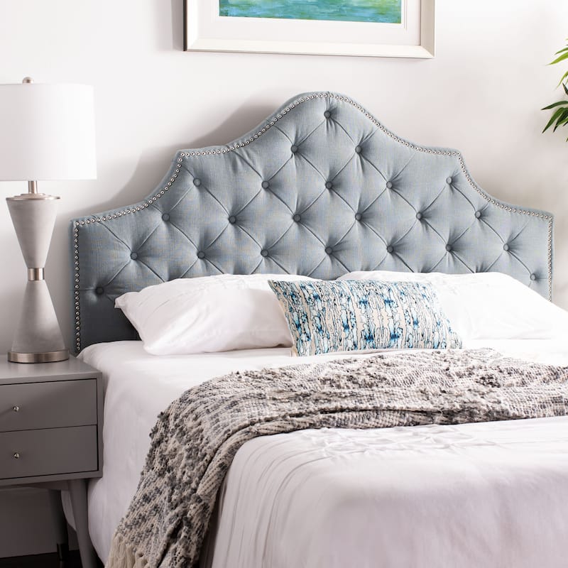 SAFAVIEH Brianna Taupe Linen Upholstered Tufted Headboard - Silver Nailhead (Queen)