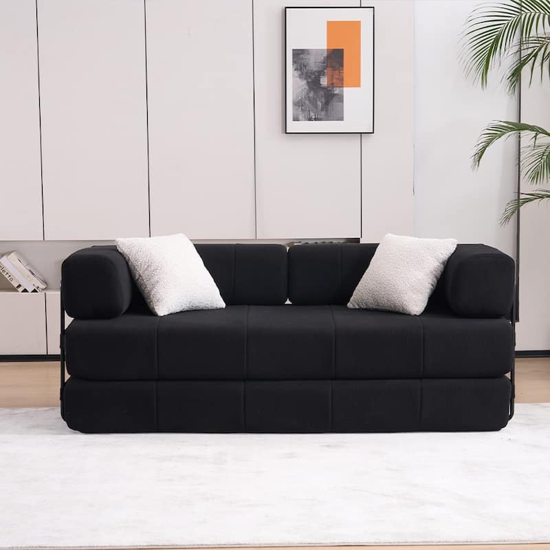 78.5" Folding Sofa Bed with 2 Pillows, Convertible Foam Futon Couch, Corduroy Fold-Out Couch for Living Room, Office - Black