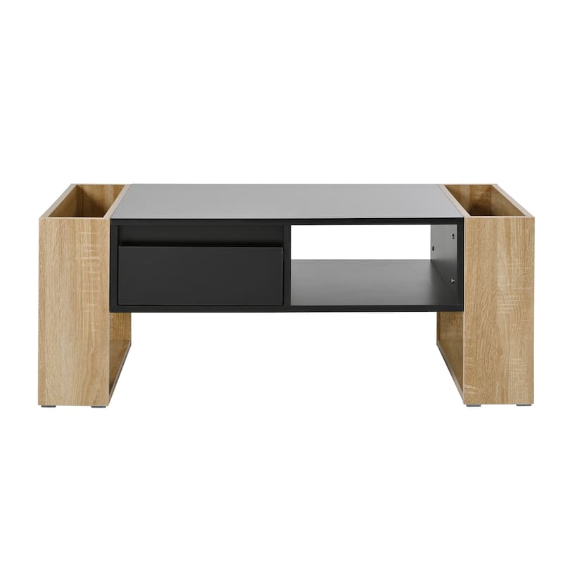 High Gloss Coffee Table with 2 Drawers and Hidden Storage, Two-Tone Center Table - 41.3" W × 23.6" D × 15.7" H - Black+Natural