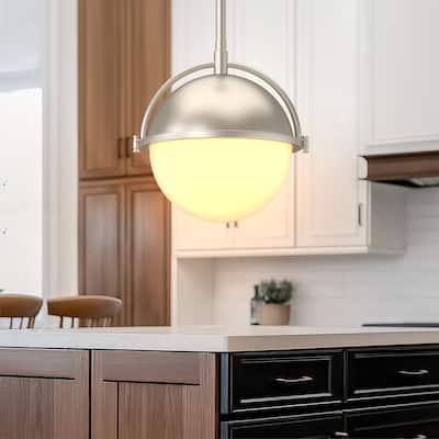 YANSUN 1-Light Ajustable Pendant Light with Milk White Glass Globe Shade, Modern Satin Nickel E26 Ceiling Hanging Light Fixture