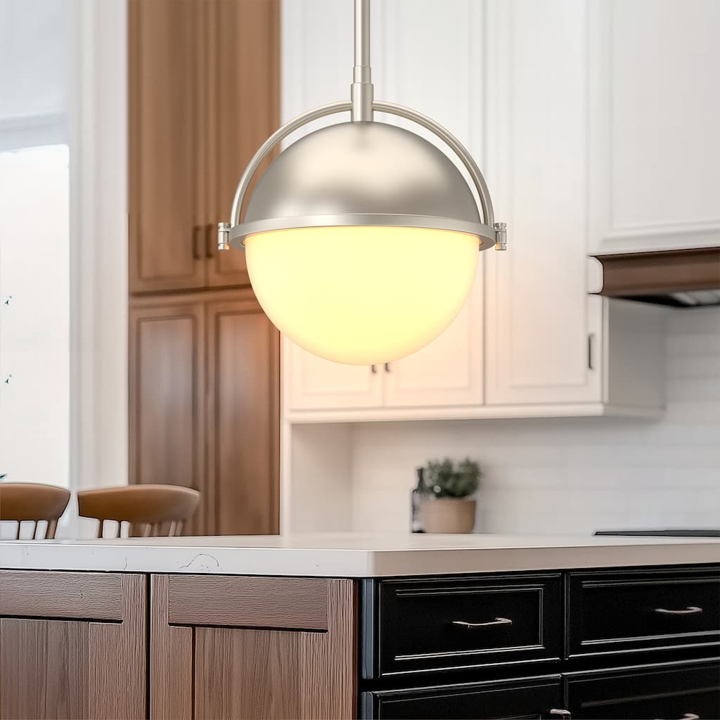 YANSUN 1-Light Ajustable Pendant Light with Milk White Glass Globe Shade, Modern Satin Nickel E26 Ceiling Hanging Light Fixture