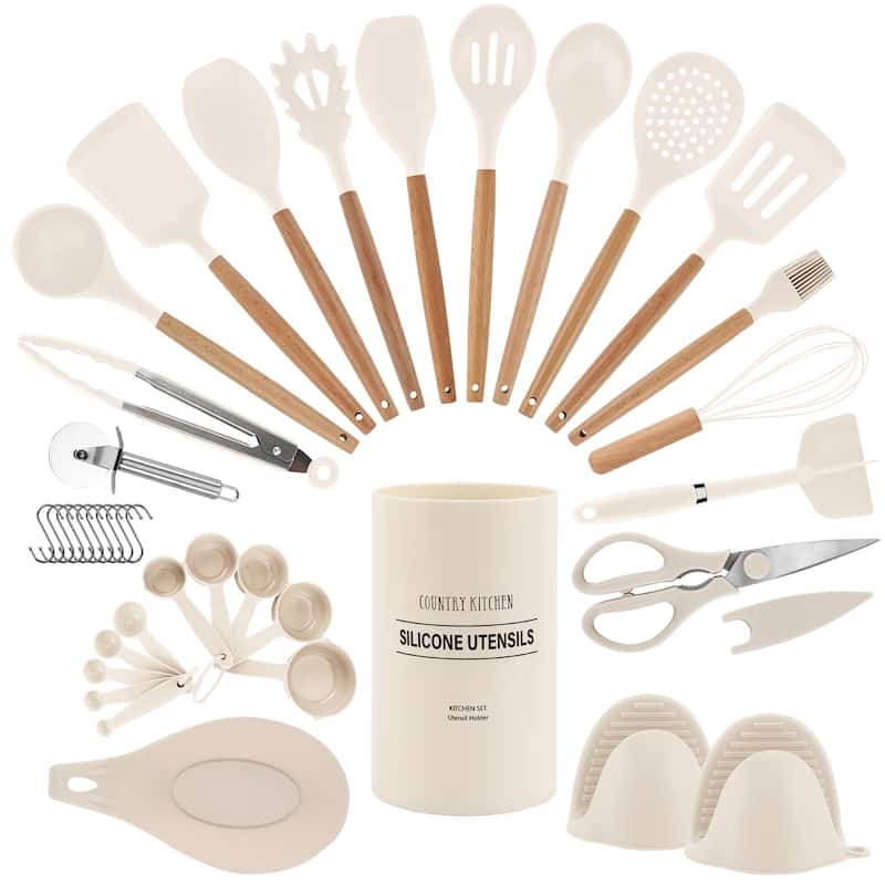 Country Kitchen Non Stick Silicone Utensil Set with Rounded Wood Handles for Cooking and Baking, 38 Piece Set - Beige