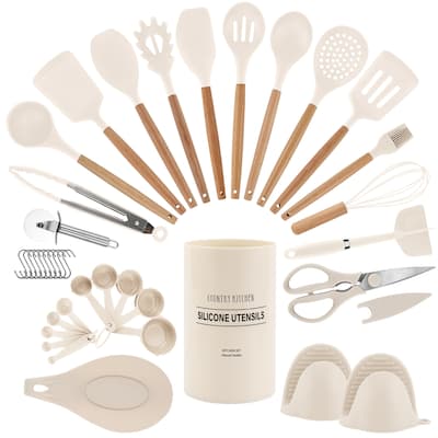 Country Kitchen Non Stick Silicone Utensil Set with Rounded Wood Handles for Cooking and Baking, 38 Piece Set