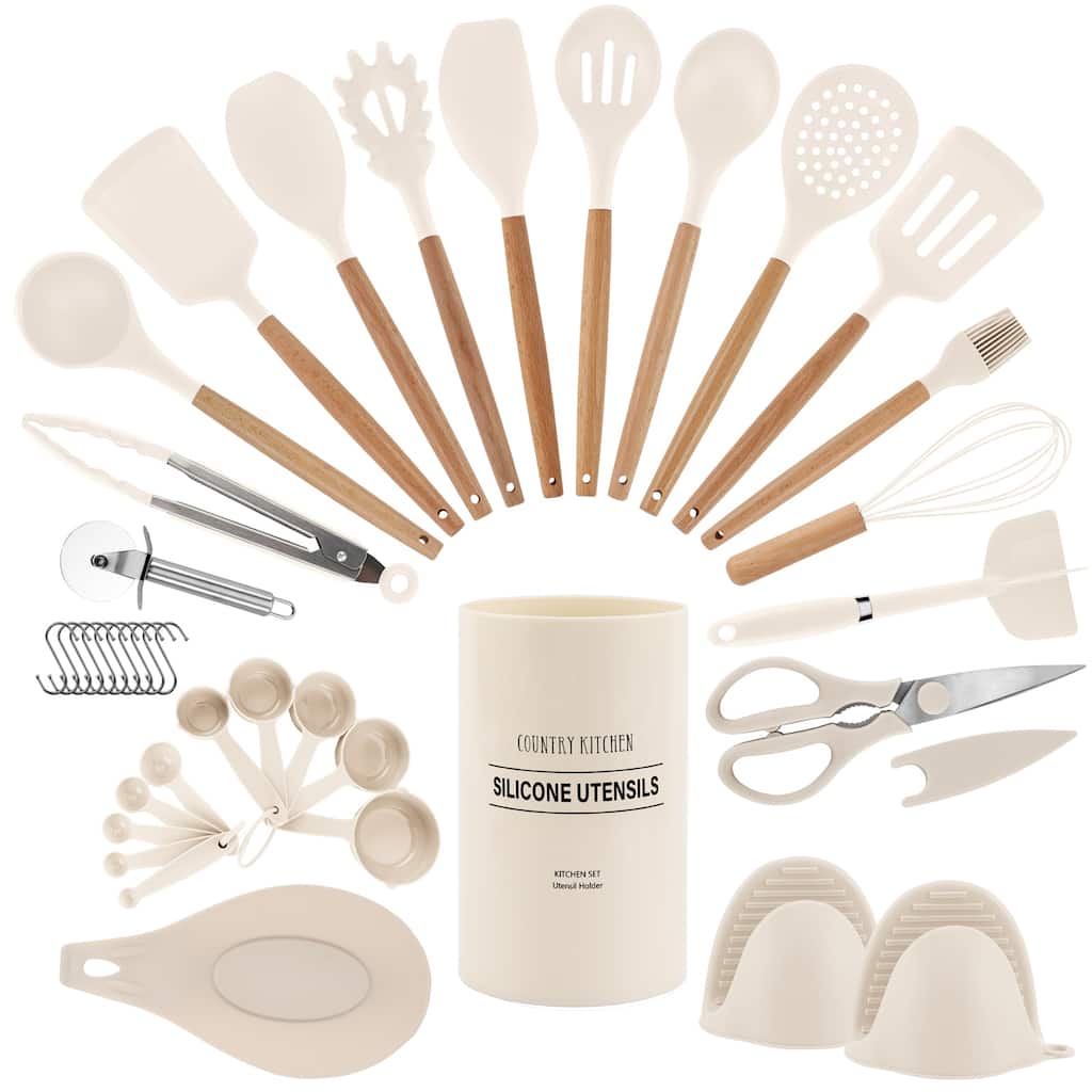 Country Kitchen Non Stick Silicone Utensil Set with Rounded Wood Handles for Cooking and Baking, 8-38 Piece Set