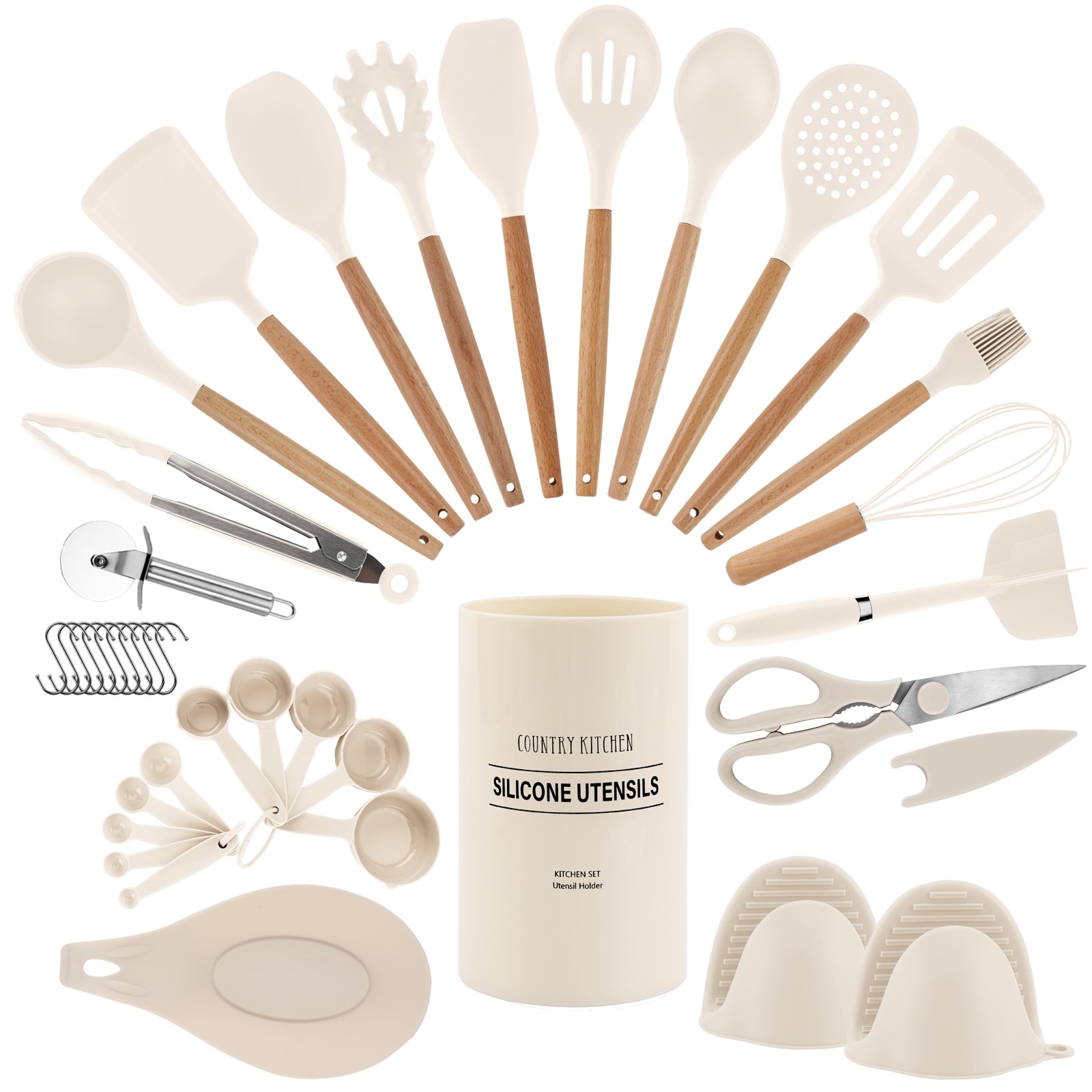 Country Kitchen Non Stick Silicone Utensil Set with Rounded Wood Handles for Cooking and Baking, 8-38 Piece Set