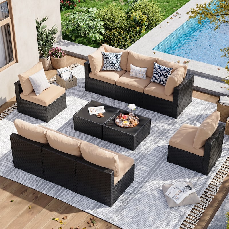 Wicker Rattan Patio Sectional Sofa Set - 10 PCS - Beige