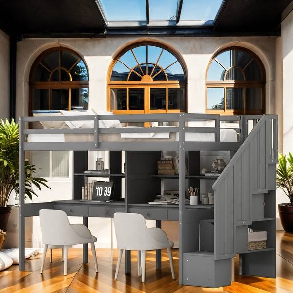 slide 2 of 21, Wooden Loft Bed with Built-In Desk and Storage, Twin Loft Bed with Staircase, Easy To Install Grey