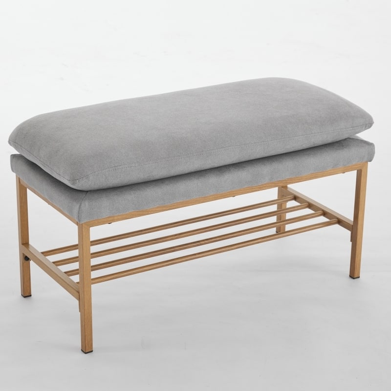 End of Bed Bench with Shelf, Linen Upholstered Storage Shoe Bench, Modern Bedroom Bench with Metal Legs