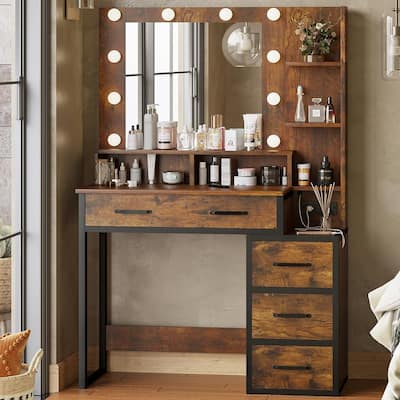 Makeup Vanity Desk 10 Light Bulbs Storage Shelves 5 Drawers