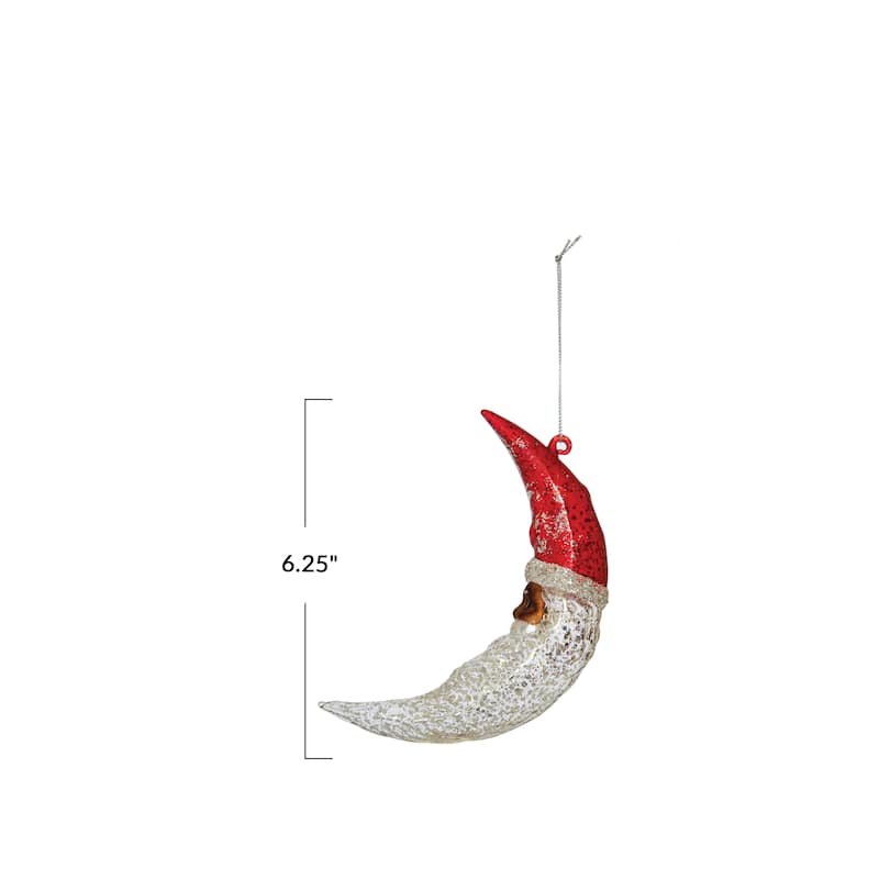 Hand-Painted Mercury Glass Santa Moon Ornament with Glitter