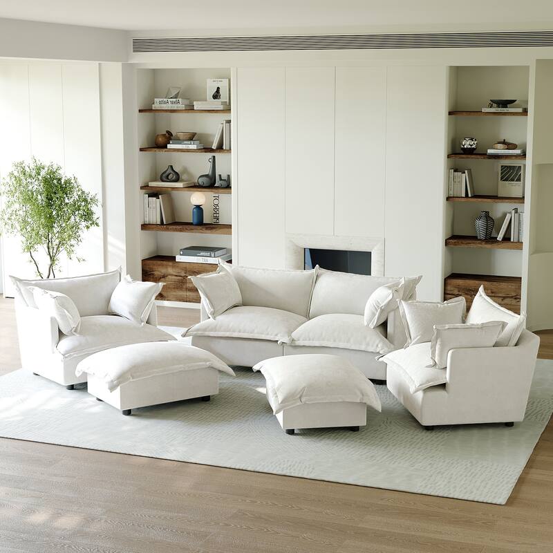 6 Piece Oversized Chenille Comfy Cloud Modular Sectional Sofa Set - Beige