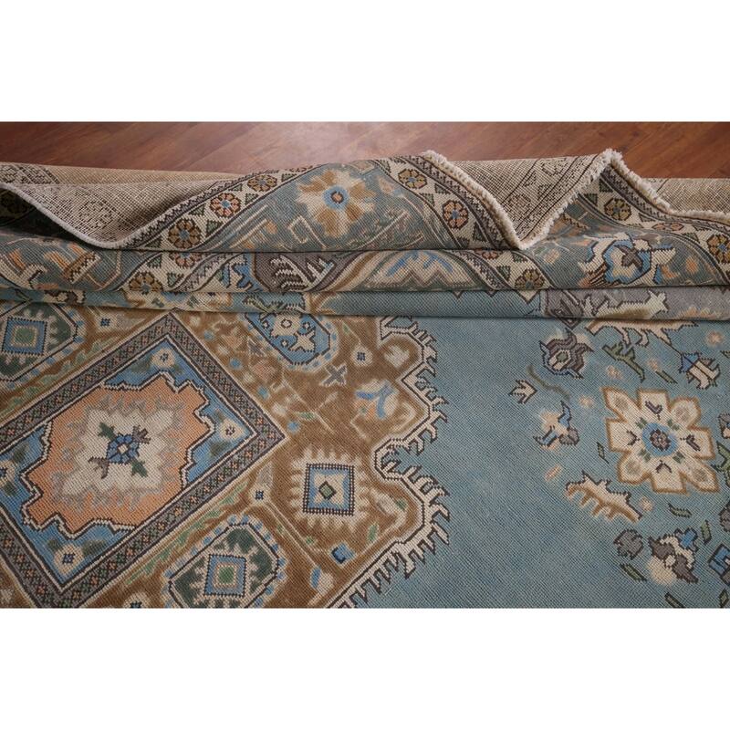 Light Blue Geometric Tabriz Persian Vintage Rug Handmade Wool Carpet - 9'7"x 12'8"