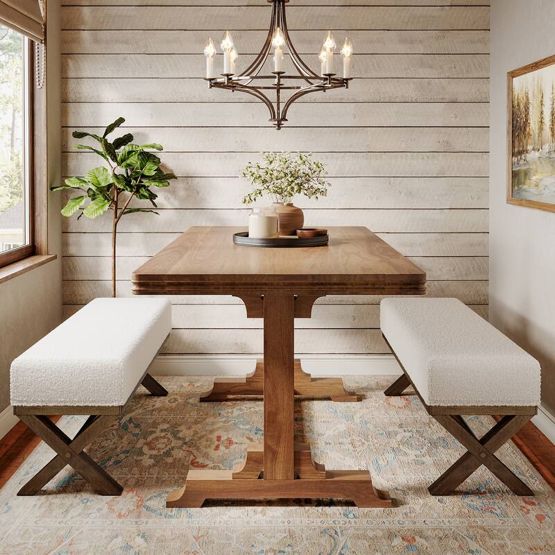 51.18" Solid Wood Upholstered Dining Bench, Faux Shearling Padded Seat Kitchen Stool Dining Seat for Dining Room Living Room