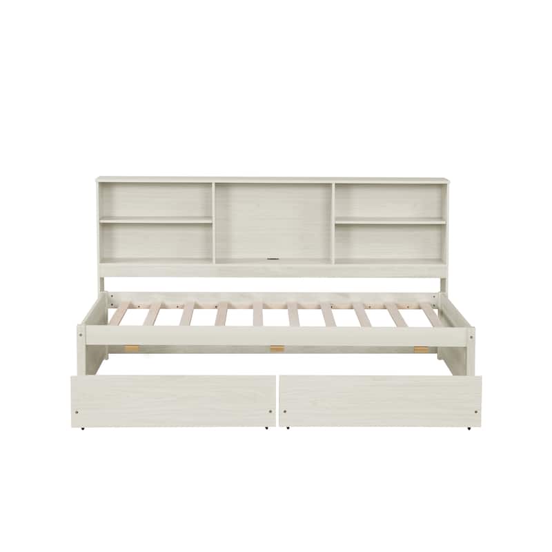 Bed Frame With Side Bookshelves,Two Drawers And Built-in USB Port