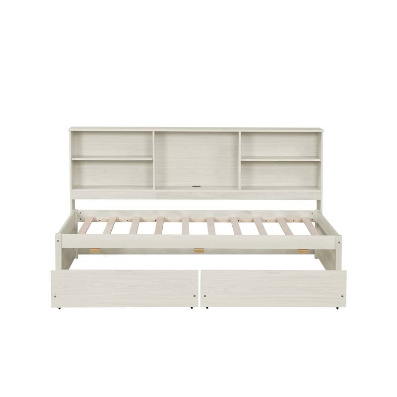 Twin Size Bed Frame with Side Bookshelves, Drawers, and USB Port in Creamy White