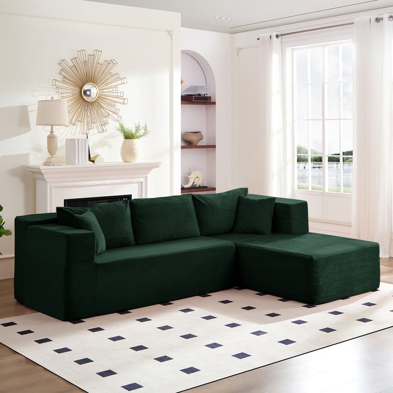 Mixoy W106'' Modern 2-Piece Free Combination Corduroy Upholstered L-Shaped Modular Sectional Sofa with Right Chaise and Pillow