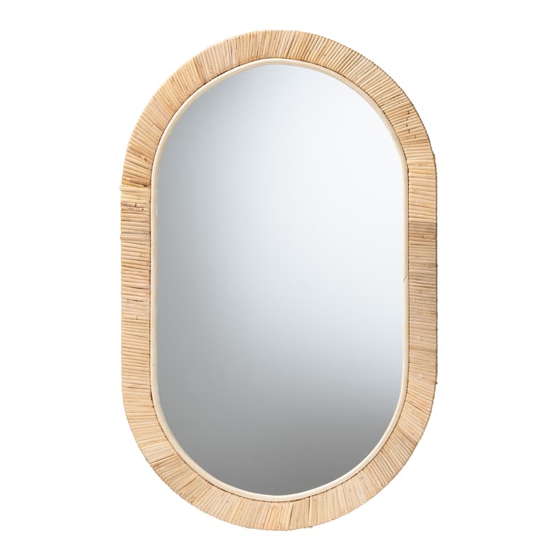 Bella Modern Bohemian Natural Brown Mahogany Wood and Natural Rattan Oval Mirror - Natural Brown - Natural Brown