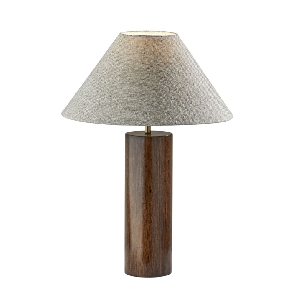 Wood Base Bedside Table Lamp with Grey Cone Fabric Shade - 18” x 18” x 25.5” (D x W x H)