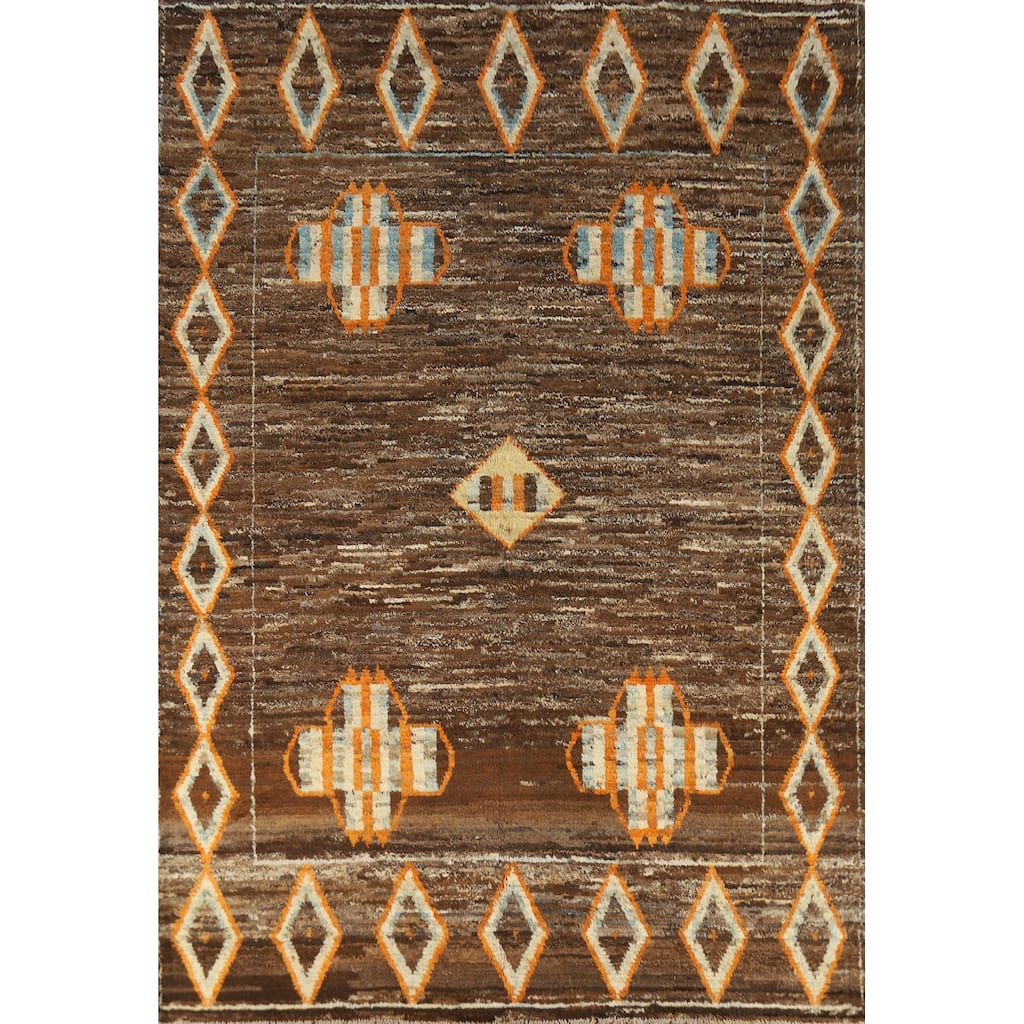 Brown Moroccan Oriental Area Rug Hand-Knotted Wool Carpet - 6'11" x 9'5"