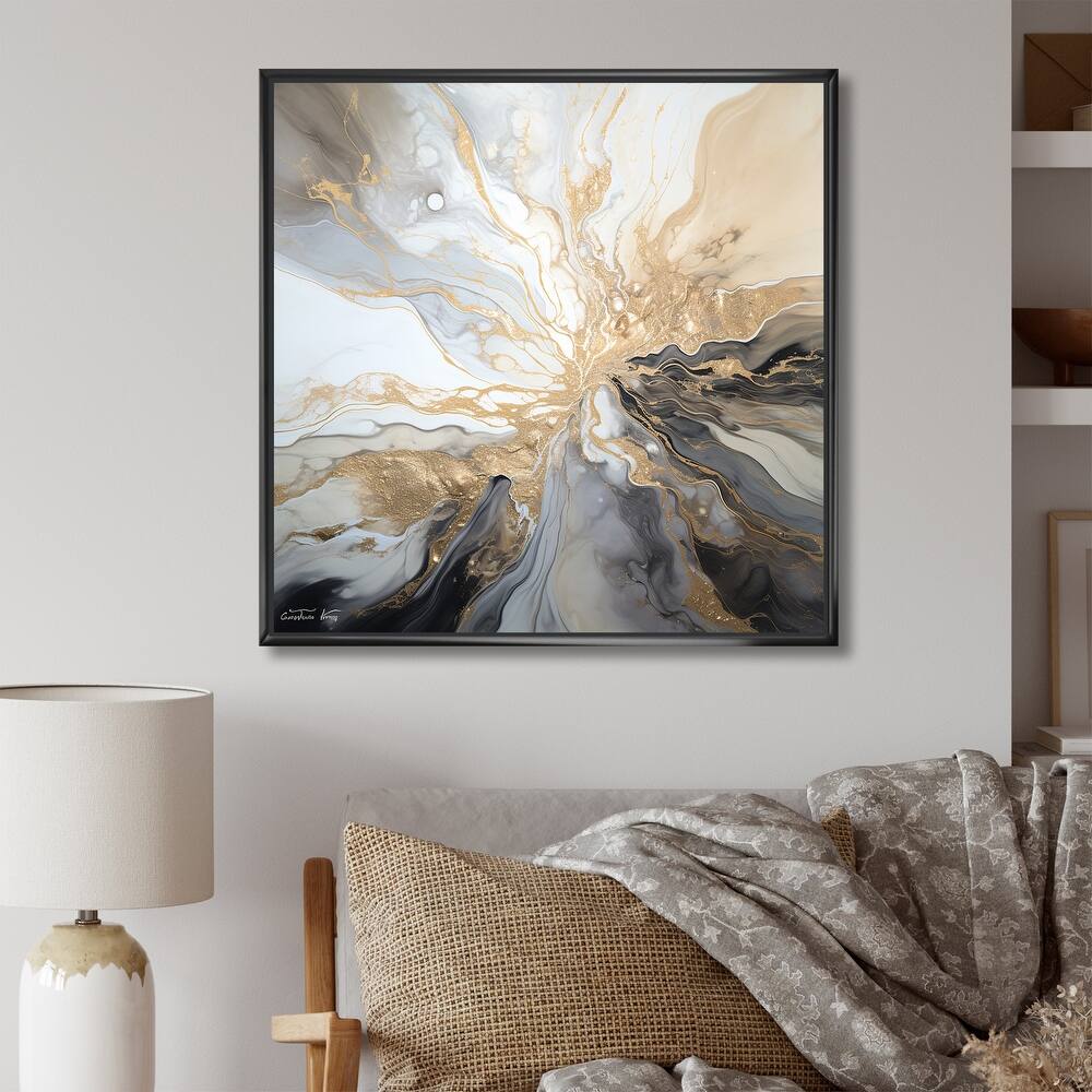 Designart "Lightning Beige And Black Liquid Art Explosion" Lightning Framed Wall Art Prints