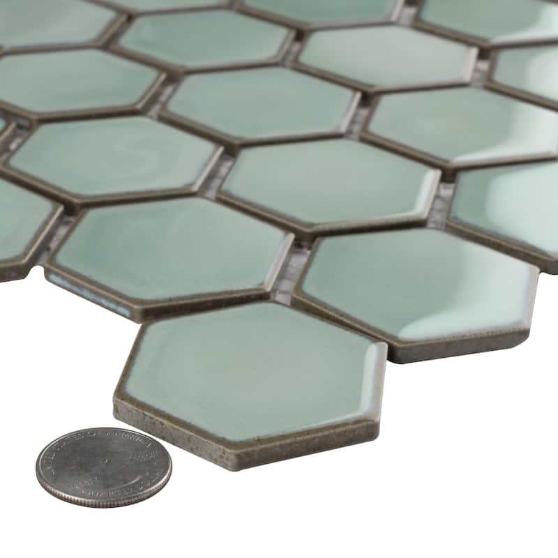 Merola Tile Hudson Due 2" Hex Mint Green 10-7/8" x 12-5/8" Porcelain Mosaic Floor and Wall Tile