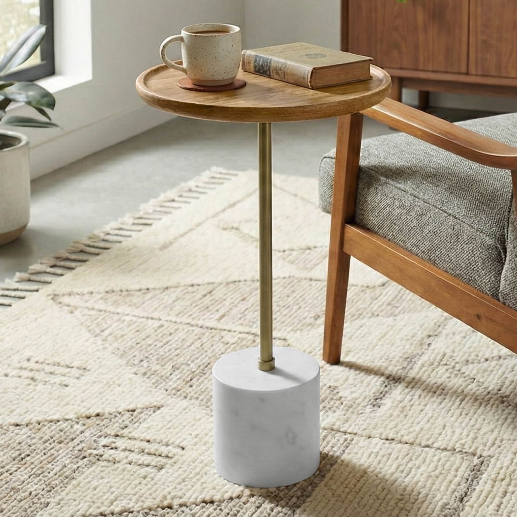 WYNDENHALL Brentwood 12"Wide Solid Mango/Genuine Marble/Iron Modern End Table in Natural/Antique Brass/White