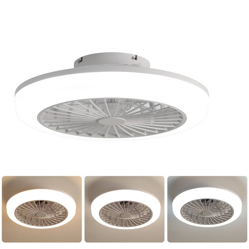 18 Inch Enclosed Ceiling Fan with Light and Remote, Modern Flush Mount Bladeless Ceiling Fan for Bedroom Living Room, White