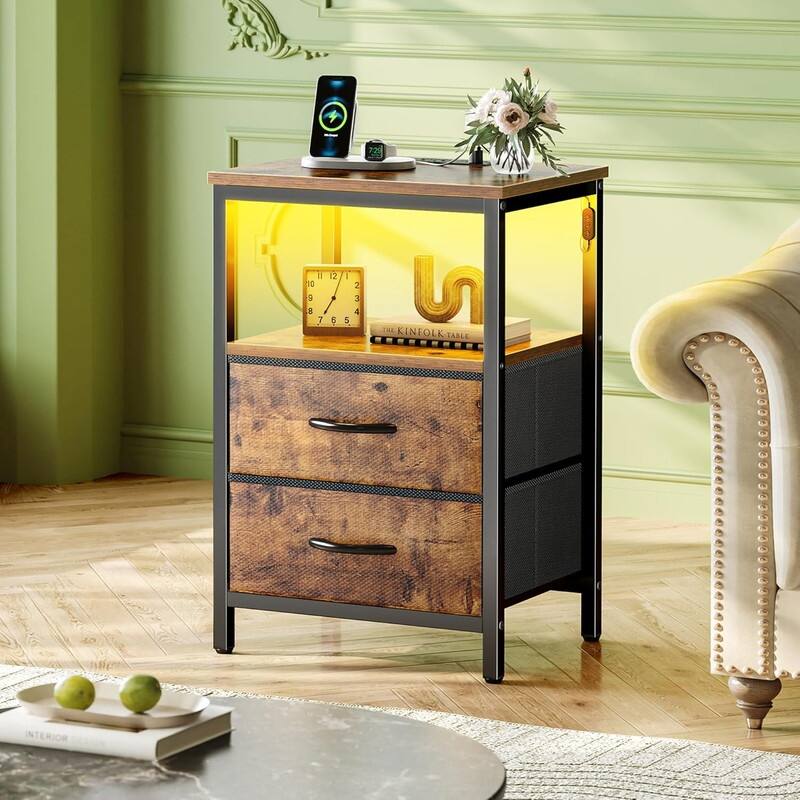 2 Drawer Night stand with Charger Station and LED Lights