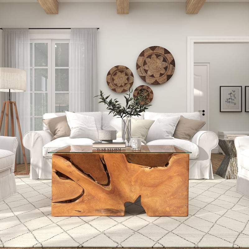 Benzara Brown/Clear Teak/Glass 43-inch x 18-inch Coffee Table