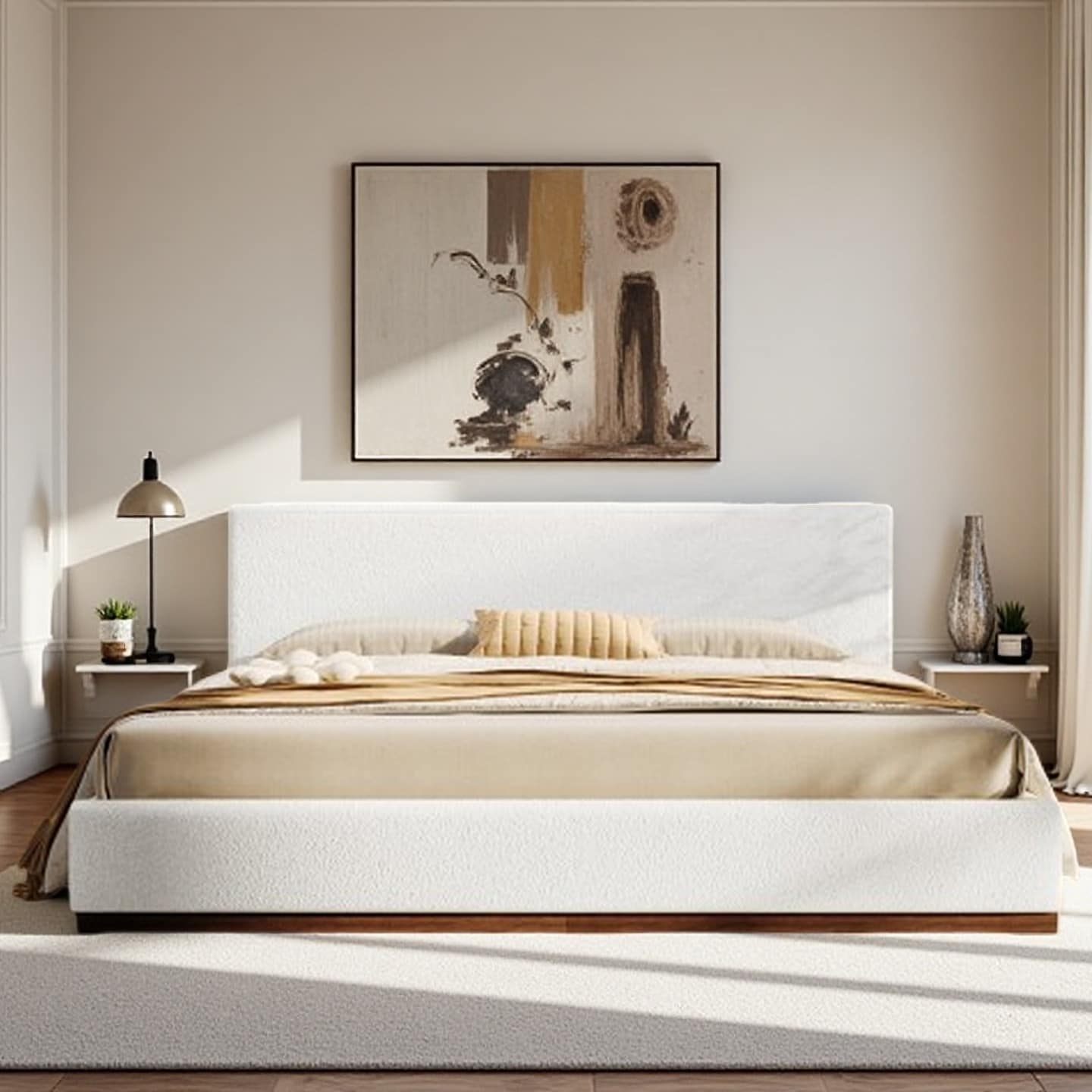 King Size Upholstered Bed with Solid Wood Base, Elegant White Fabric, Durable Wooden Slats, Sturdy Support