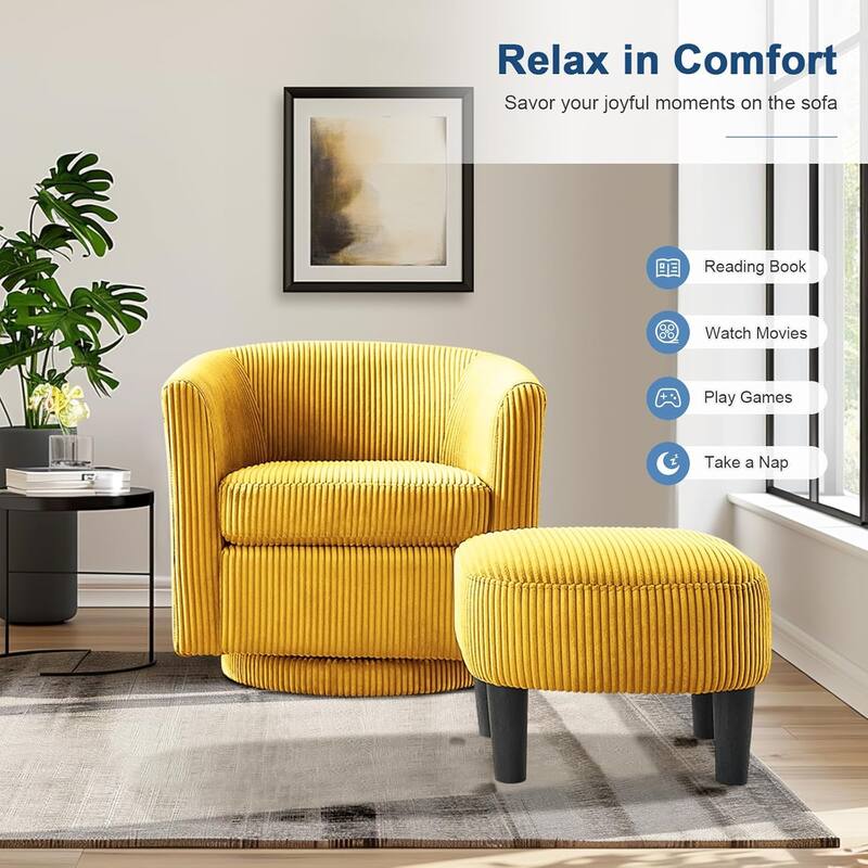 360° Swivel Accent Chair with Ottoman, Barrel Chair with Upholstered