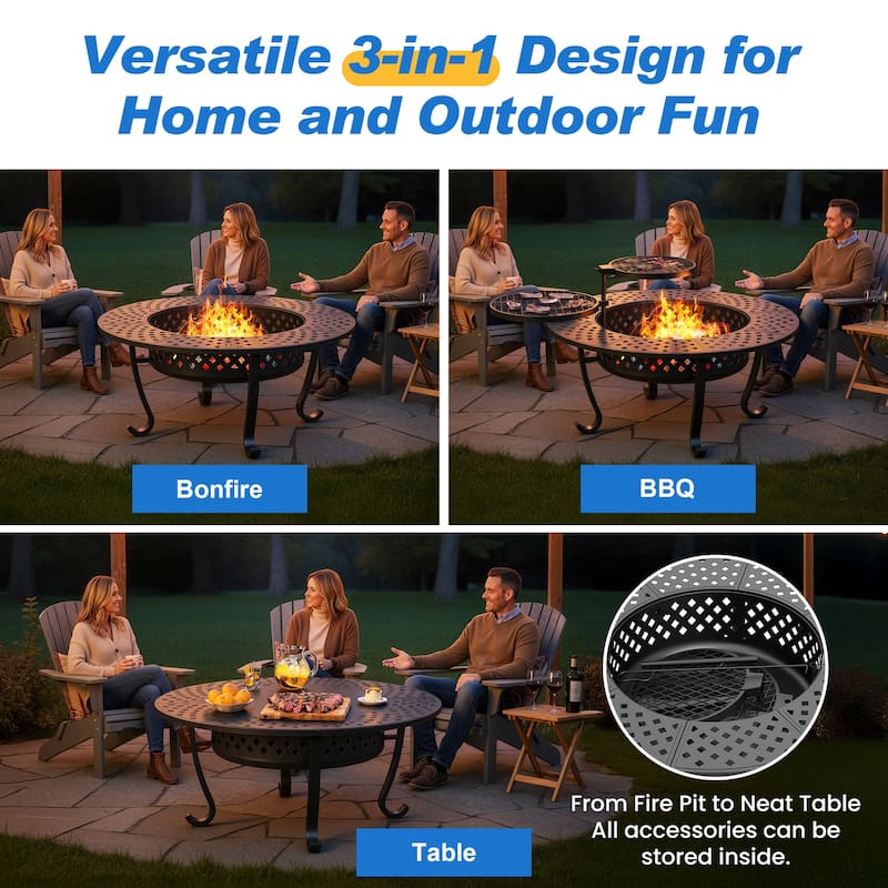 3-in-1 Outdoor Fire Pit Table - BBQs, Bonfire & 43" Metal Table - N/A