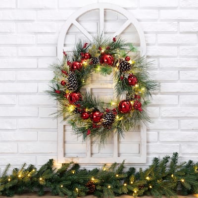 24"D Pre-Lit Ball Berry Holly Pinecone & Ornament Wreath with White Window Frame Set