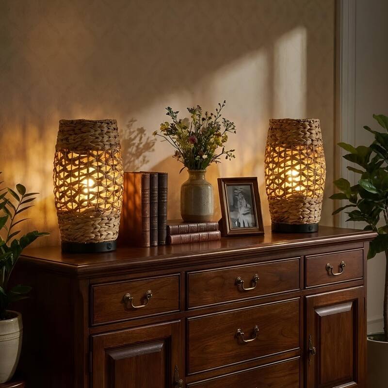 Acroma Rattan Decorative Table Lamp with Black Metal Base