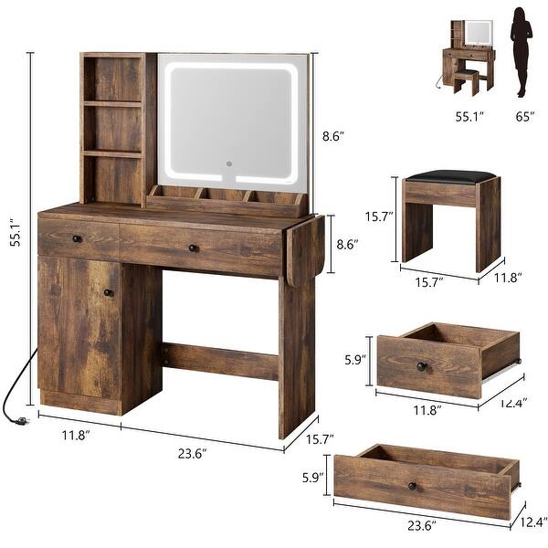 Brown Vanity Desk with LED Lighted Mirror & Power Outlet, Makeup Vanity with Drawers & Cabinet & Chair