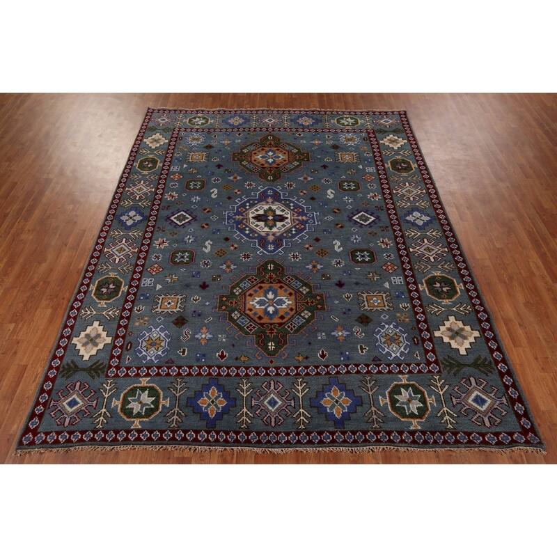 Blue Kazak Rug Hand-Knotted Wool Carpet - 8'0" x 9'11"