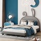 preview thumbnail 2 of 17, Full Size Platform Bed, Cute Leather Platform Bed with Rabbit Ornament, Upholstered Day Bed Frame, Low Profile Single Bed