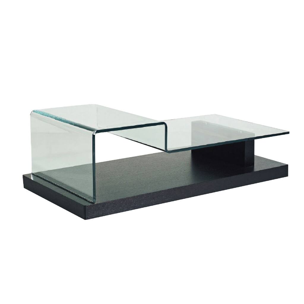 Cid 55 Inch Modern Coffee Table, Sloped Glass Top, Black, Oak