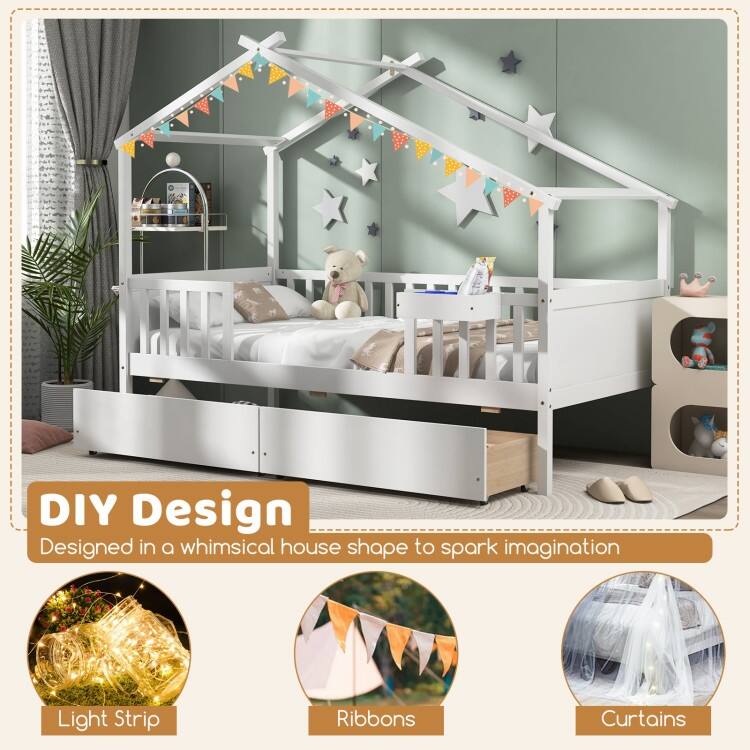 Twin House Bed with 2 Storage Drawers and Roof & Fence Rails