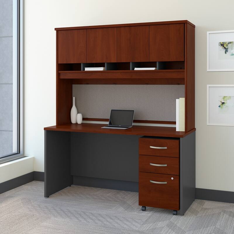Series C 60W Desk with Hutch and Drawers by Bush Business Furniture - Hansen Cherry